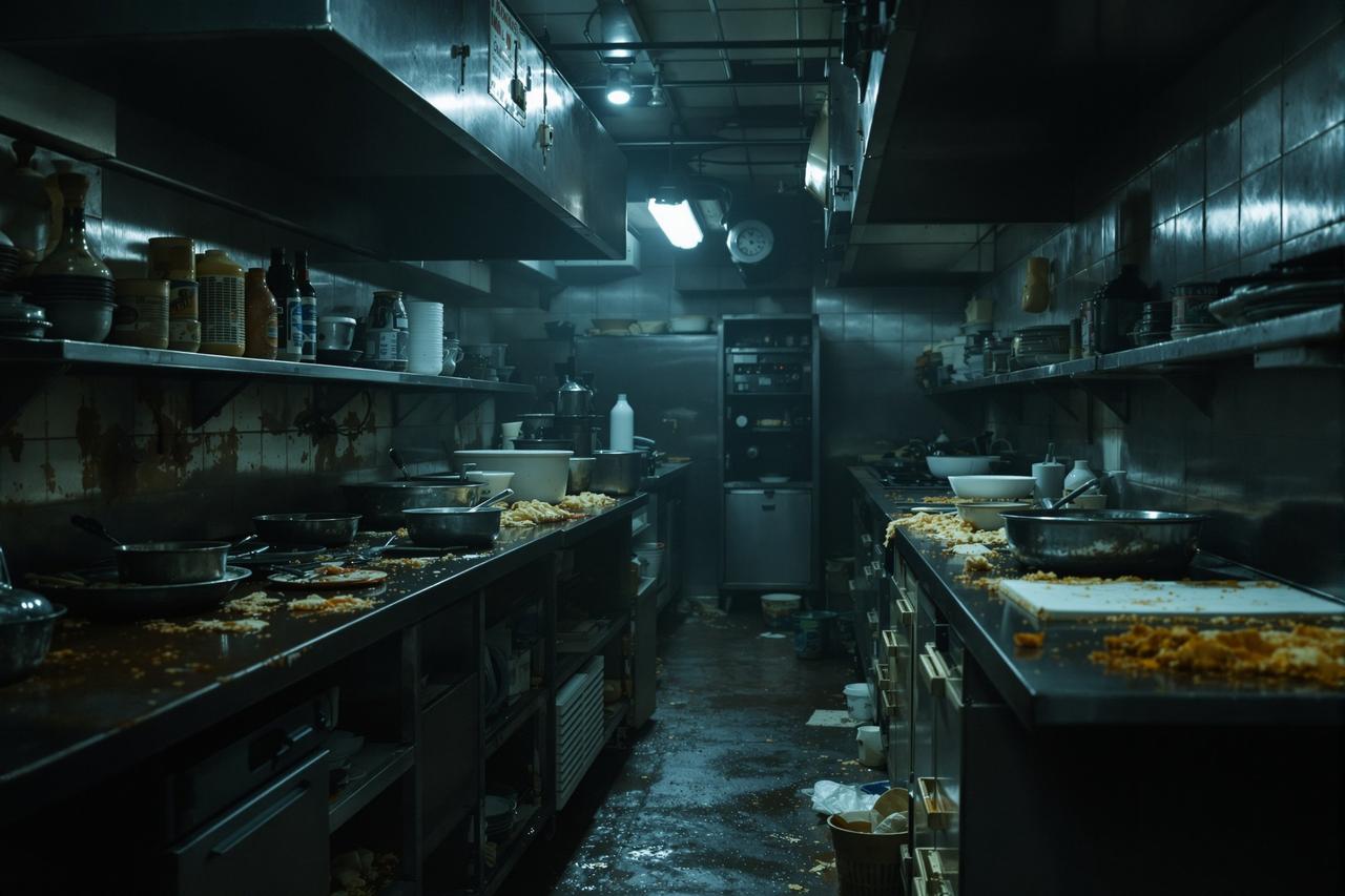 独家:某知名连锁餐饮品牌后厨卫生状况触目惊心 连锁餐饮品牌后厨脏乱差现场,油污满地食材随意堆放