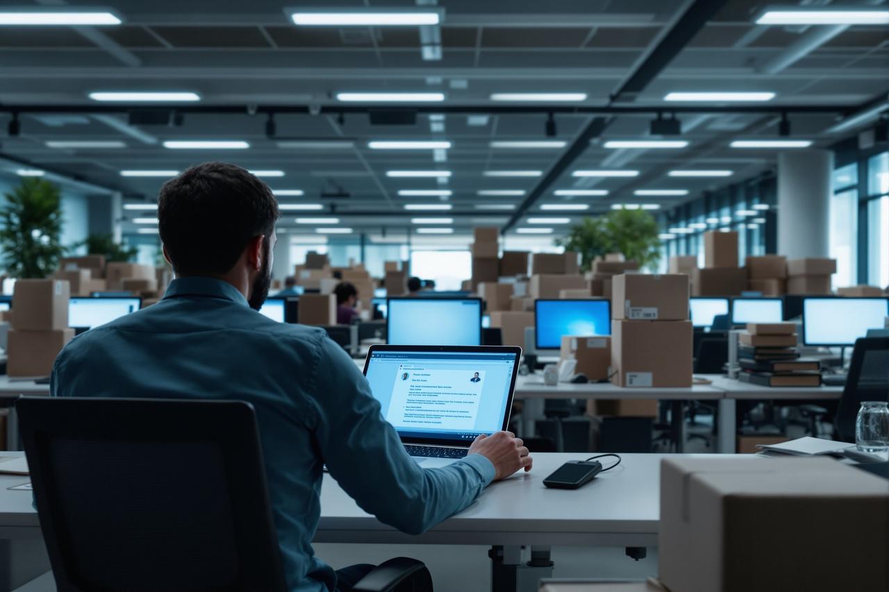 互联网公司办公室空荡工位和打包纸箱，大规模裁员后的凄凉场景